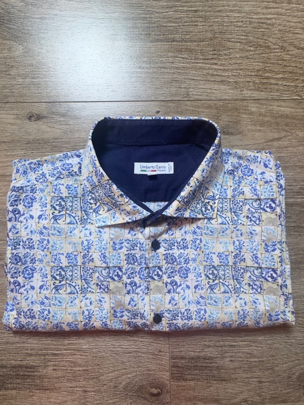 Men's Blue & Cream Umberto Carro Tile-Print Button-Up Shirt
